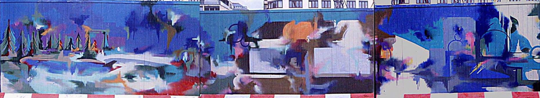 Projekt deutsche Hypothekenbank Hamburg/City Juni 1989. Ein 120m Bauzaungestaltung für die deutsche Hypothekenbank, nahe bei Mönkebergstraße Hamburg. Projektausführung durch die mad artists cooperation, Sage und Siko Ortner und weiteren (nicht alle Fotos verfügbar). vollendetes Aerosolart.