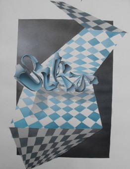 Siko 3-D style 05 (im Schachbrettmuster), Stancelart / Schablonengraffiti, 18-Fach-Stancel, Guache auf Aquarellpapier von Siko Ortner, 41cm X 32cm, Juli 2008.
