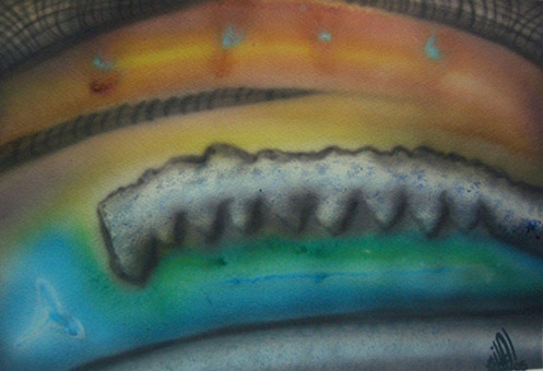 Biomechanik 30 aus der Themenreihe Biomechanik (Freihand Airbrusharbeit) von Siko Ortner Guache auf Aquarellpapier, 22cm X 32cm, September 2005.