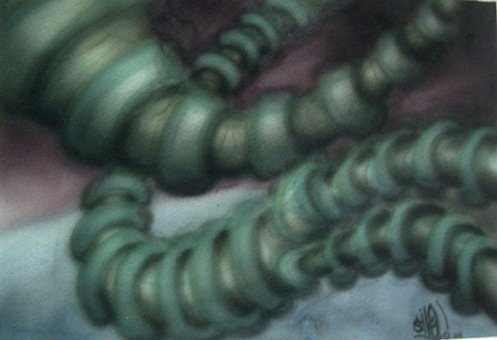 Biomechanik 33 aus der Themenreihe Biomechanik (Freihand Airbrusharbeit) von Siko Ortner Guache auf Aquarellpapier, 22cm X 32cm, September 2005.