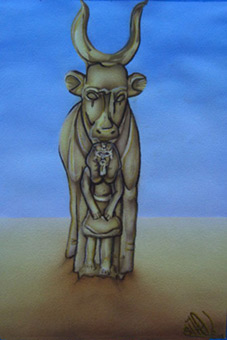 Die Göttin Hator in Gestalt einer Kuh und Ramses, Stancelart / Schablonengraffiti, 4-Fach-Stancel, Guache und Pastellkreide auf Aquarellpapier von Siko Ortner, 41cm X 32cm, November 2005.