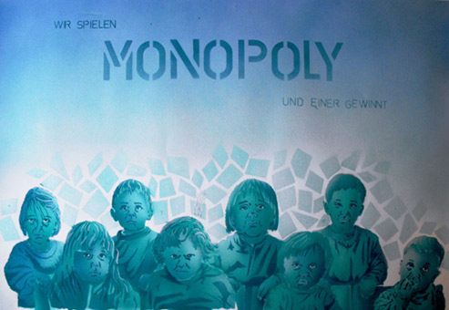 Monopoly, Wir spielen Monopoly und einer gewinnt!? Stancelart / Schablonengraffiti, 12-Fach-Stancel, Stancelgemälde, Gruppenbildstancel, Guache auf Aquarellpapier von Siko Ortner, 50cm X 72cm, September 2008.