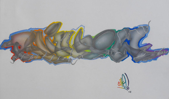 Rainbow style 02, Stancelart / Schablonengraffiti, 7-Fach-Stancel, Guache auf Aquarellpapier von Siko Ortner, 41cm X 32cm, Sommer 2006.