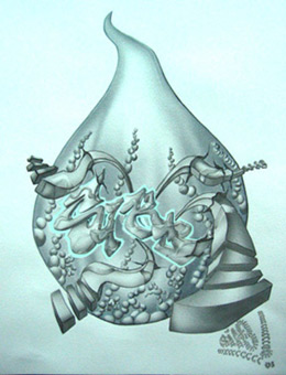 Siko-Style im Wassertropfen, Stancelart / Schablonengraffiti, 11-Fach-Stancel, Guache und Pastellkreide auf Aquarellpapier von Siko Ortner, 41cm X 32cm, September 2005.