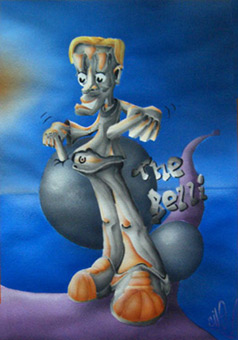 The Belly chilling on the way 01, Stancelart / Schablonengraffiti, 11-Fach-Stancel, Guache auf Aquarellpapier von Siko Ortner, 41cm X 32cm, Dezember 2005.