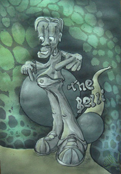 The Belly chilling on the way 02, Stancelart / Schablonengraffiti, Flüssigmaskenstanel, 11-Fach-Stancel, Guache und Pastellkreide auf Aquarellpapier von Siko Ortner, 41cm X 32cm, Dezember 2005.