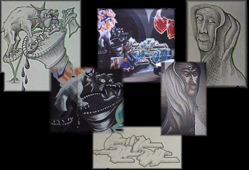Collage für Kunst-und Kulturhappening in der Bremer Neustadt, Buntentosteinweg, Juni 2003. Neben vielen weiteren Künstlern, die Freitag bis Samstag Ihre Fähigkeiten darboten, konnten 4 Graffitimaler einen liveakt bieten. Sinus, Chesko und Siko Ortner fertigten eine gemeinsame Wandgestaltung an. In den Abendstunden wurde mittels Kunstlicht weitergemalt. Samstagabend Minesngerperformance auf dem Dach über den Graffitimalern, 2 Charakter und Siko-style von Siko Ortner, Sinus-style von Sinus und Chesko-style von Chesko. fest01