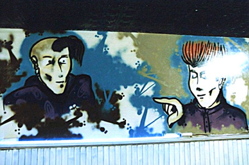 Auftrag Szenetreffpunkt Zillo, 1989. Ein Graffitiauftrag für den Szenetreffpunkt Zillo in Lüneburg, Stadtmitte im November 1989. Auftragsmalerei von der Mad Artists Cooperation, Wizz und Siko Ortner. Murals im Bewirtungsraum des Szenetreffpunktes. Charakter für Szenetreffpunkt Zillo.