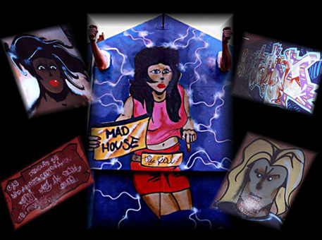Collage für Auftrag Diskothek Madhouse, 1989. Ein Graffitiauftrag für die Diskothek Madhouse in Hamburg, City im September 1989. Auftragsmalerei von der Mad Artists Cooperation, Wiza, Staph, Clause, Art und Siko Ortner. Murals im Eingangsbereich und Treppenaufgang (nicht alle Fotos vorhanden).