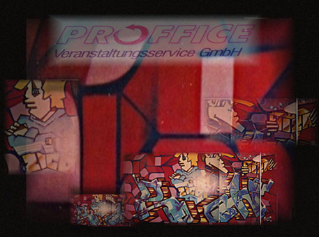 Colage für Auftrag Pro Office GmbH, 1990. Ein Graffitiauftrag für die Pro Office Veranstaltungs GmbH in Frankfurt im Februar 1990. Auftragsmalerei von der Mad Artists Cooperation, Wizz und Siko Ortner. Mural im Flur des Bros der Veranstaltungsagentur.