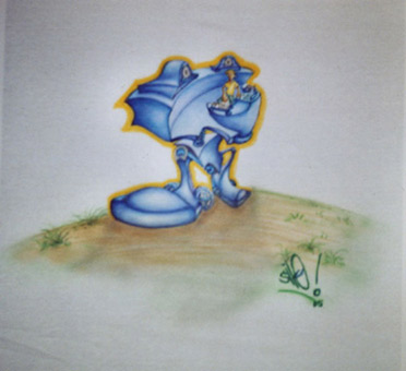 DJ Robot, Hip Hop charakter, Comicfigur, Stancelart / Schablonengraffiti, Stoffmalfarbe auf Baumwollstoff / T-shirt, Airbrusharbeit von Siko Ortner, 2005.