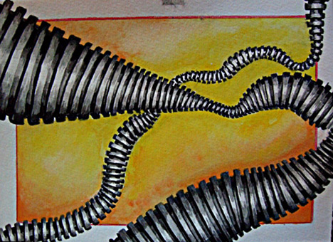 Trashpipes, aus der Themenreihe blocks and pipes von Siko Ortner, Guache auf Aquarellpapier, 17cm X 23cm, 2005.