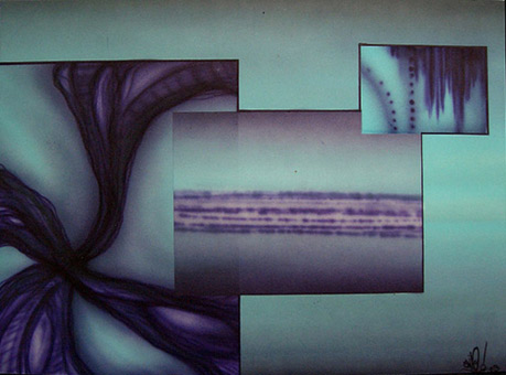 Überschneidende Gefühle, Stancelart / Schablonengraffiti, Acrylfarbe auf Zeichenkarton von Siko Ortner, 31cm X 43cm, November 2003.