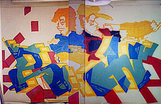 Auftrag Pro Office GmbH, 1990. Ein Graffitiauftrag für die Pro Office Veranstaltungs GmbH in Frankfurt im Februar 1990. Auftragsmalerei von der Mad Artists Cooperation, Wizz und Siko Ortner. Mural im Flur des Büros der Veranstaltungsagentur. Halbvollendete Z und W style.