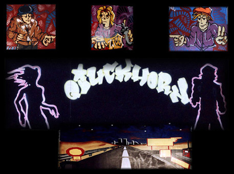 Collage für Diskothek Quickhorn, 1989. Ein Graffitiauftrag für die Diskothek Quickhorn, Schleswig Holstein im Juli 1989. Auftragsmalerei von der Mad Artists Cooperation, Wizz und Siko Ortner. Murals in einer Diskothek, Skylines mit dreidimensionaler Gestaltung mittels Spanholzplatten.