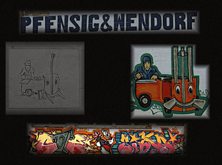 Collage für Auftrag Pfensig Wendorf, 1990. Ein Graffitiauftrag für die Gabelstaplerfirma Pfensig und Wendorf in Hamburg im Mürz 1990. Auftragsmalerei von der Mad Artists Cooperation, Sage und Siko Ortner sowie eine freie Wandgestaltung von Coe/Skero und Siko Ortner (direkt an der S-Bahn nähe Langenfelder Bahnhof, quasi als Dankeschön der Auftraggeber).