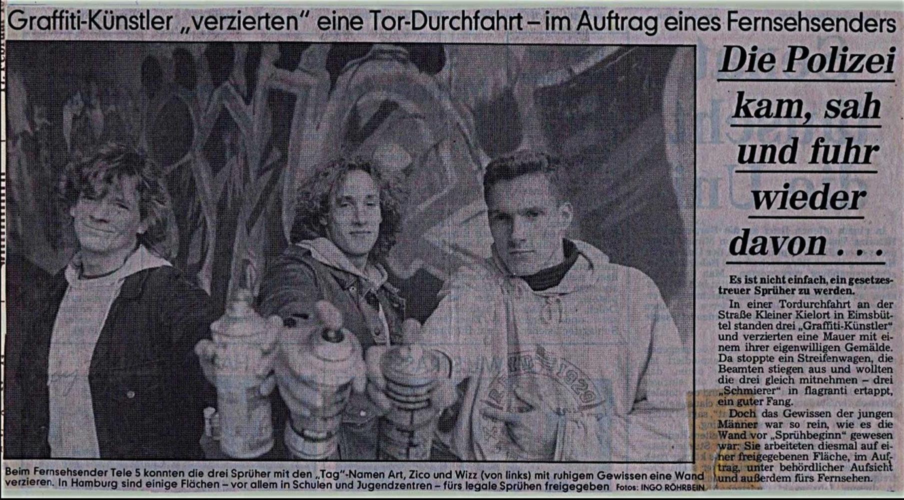 Presseartikel Hamburger Abendblatt vom 14. Januar 1989. Text von Kristian Stemmler, Fotos von Ingo Röhrbein Artikel betreffend Soko Graffiti Hamburg, Bodo Claußen, Graffiti Auftragsmalerei für Jugendfernsehsender Tele 5 Hamburg, von der m.a.c. Art, Wizz, und Zico/Siko Ortner.
