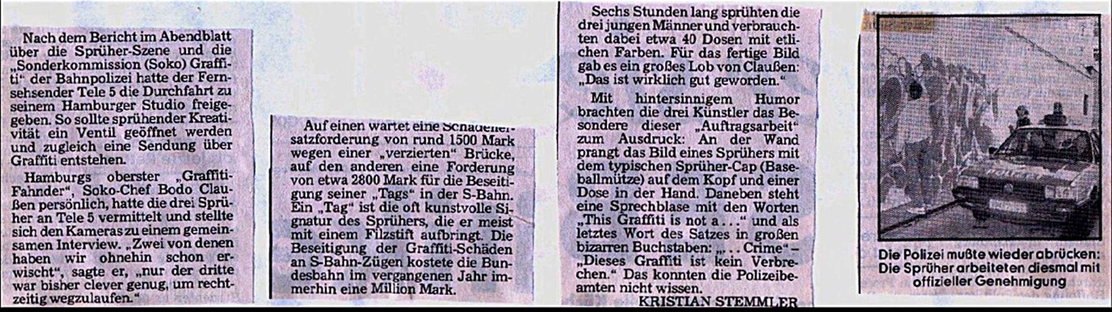 Presseartikel Hamburger Abendblatt vom 14. Januar 1989. Text von Kristian Stemmler, Fotos von Ingo Röhrbein Artikel betreffend Soko Graffiti Hamburg, Bodo Claußen, Graffiti Auftragsmalerei für Jugendfernsehsender Tele 5 Hamburg, von der m.a.c. Art, Wizz, und Zico/Siko Ortner.