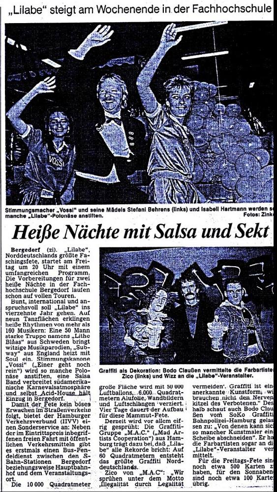 Presseartikel Hamburger Abendblatt vom 15. Februar 1989, Artikel betreffend Faschingsfete LiLaBe und Graffiti, Foto/Abbildung von Bodo Claußen, Wizz und Zico/Siko Ortner.