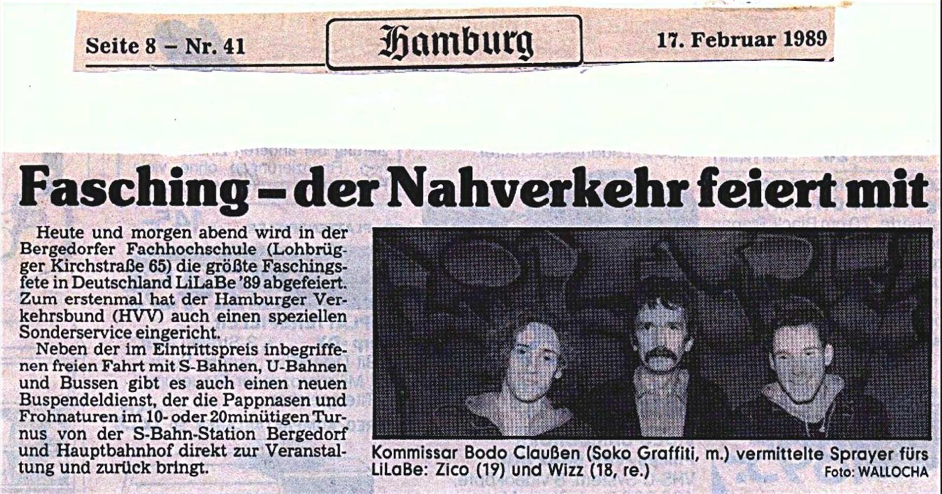 Presseartikel Hamburger Abendblatt vom 17. Februar 1989, Artikel betreffend Faschingsfete LiLaBe, Foto/Abbildung von Bodo Claußen, Wizz und Zico/Siko Ortner.