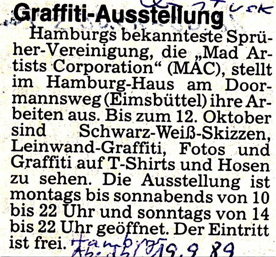 Ausstellungsankündigung m.a.c. Gruppenausstellung Hamburg Haus Doormannsweg im Hamburger Abendblatt 19. September 1989.