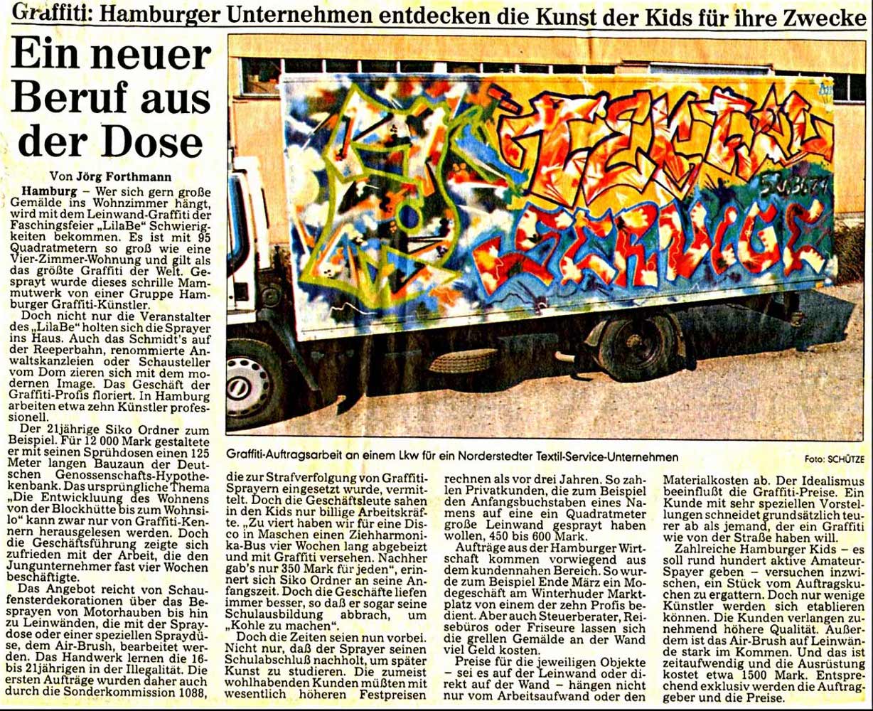 Artikel im Hamburger Abendblatt ca. Juni 1990. Ein neuer Beruf aus der Dose, Text von Jörg Forthmann, Foto von Schütze. Der abgebildete Laster/Truck wurde von Adonis Schüler von Siko Ortner gestaltet. (in diesem Artikel irrtümlich Ortner mit d) Dieses Bild ist eines der ersten echten ill-style pieces aus der Jahr 1990 von Adonis.