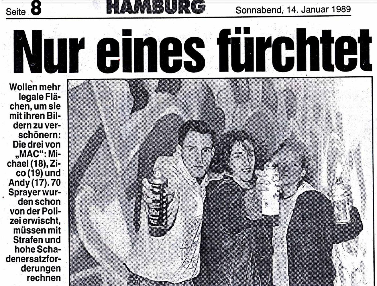 Presseartikel Hamburger Morgenpost vom 14. Januar 1989. Titel: Nur eines fürchtet der Sprayer: Regen. Text und Fotos von Jochen Blockmann. Artikel betreffend Graffitiprojekt für Jugendsender Tele 5 Hamburg, von der m.a.c. Art, Wizz, und Zico/Siko Ortner.