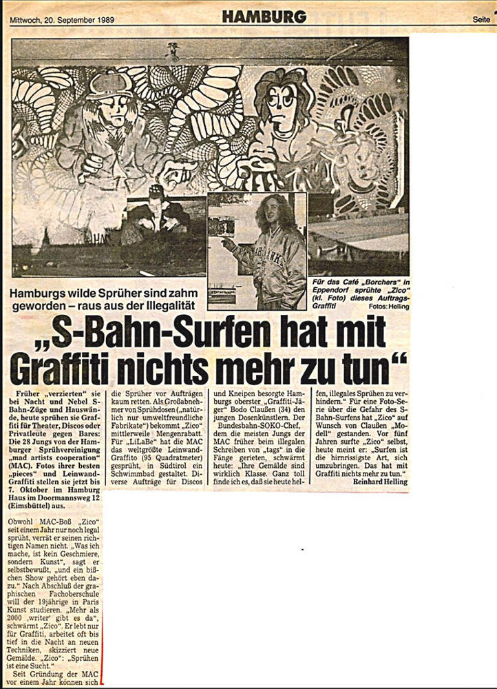 Presseartikel Hamburger Morgenpost vom 20. September 1989 mit dem Titel S-Bahnsurfen hat mit Graffiti nichts zu tun! Fotos und Text von Reinhard Helling. Artikel betreffend Graffiti Auftragsmalerei mad artists cooperation Zico/Siko Ortner.