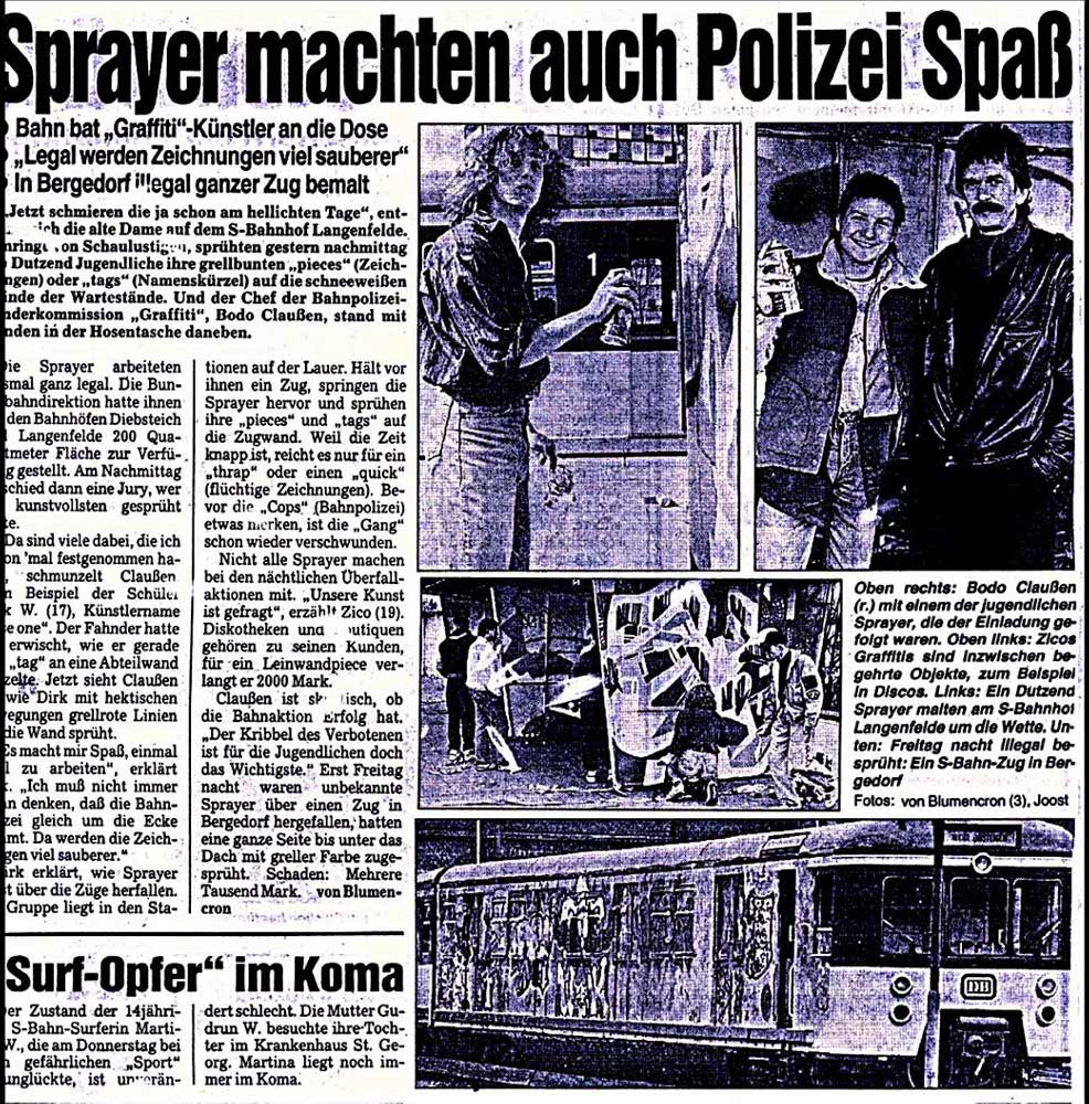 Presseartikel Hamburger Morgenpost vom 3. April 1989 mit dem Titel Sprayer machten auch Polizei Spaß. Text von Blumencron, Fotos Blumencron und Joost. Artikel über Graffiti, Graffitiwettbewerb, S-Bahn-surfen.