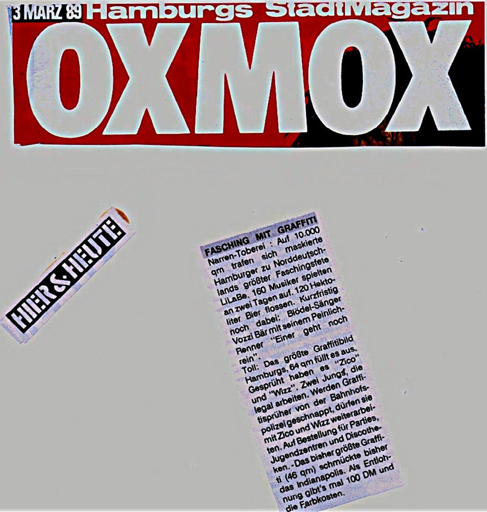 Presseartikel Oxmox Hamburg vom 3. März 1989 betreffend Graffiti/Auftragsmalerei, Faschingsfete LiLaBe.