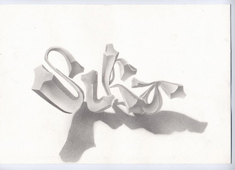 Siko 3-D-style 01, Stancelart / Schablonengraffiti, 5-Fach-Stancel, Guache auf Aquarellpapier von Siko Ortner, 20cm X 25cm, Mai 2008.