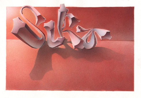 Siko 3-D-style 02, Stancelart / Schablonengraffiti, 5-Fach-Stancel, Guache auf Aquarellpapier von Siko Ortner, 20cm X 25cm, Mai 2008.