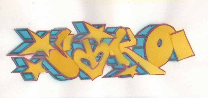 Siko oldschoolstyle mit 3-D-Block, Stancelart / Schablonengraffiti, 7-Fach-Stancel, Guache auf Aquarellpapier von Siko Ortner, 20cm X 25cm, Juni 2008.