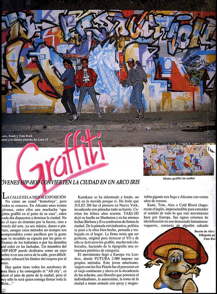 Spanischer Zeitungsartikel betreffend Graffiti in Alicante. Ein Artikel mit Wortbeiträgen von Tom Rock, Kamikaze, Loco 13, Alex 10 sowie Fotos dieser writer/Graffitikünstler von Anfang der achtziger bis Ende der achtziger. Darüberhinaus ist auch ein T.M.R.-style (1988) von Wiliams/Siko Ortner in Alicante abgebildet.