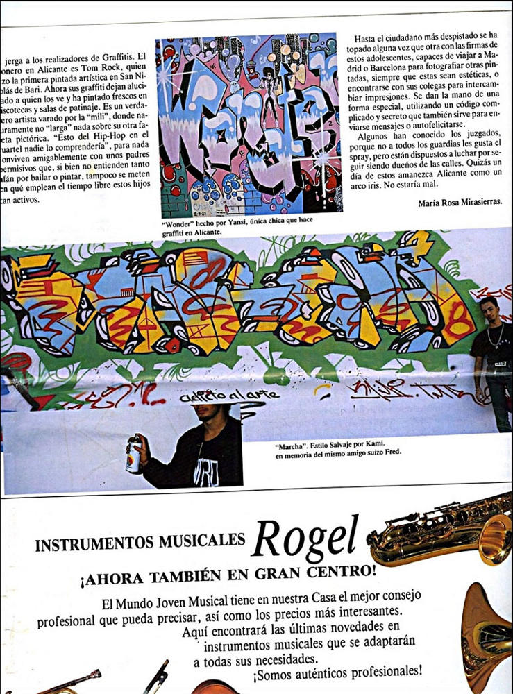 Spanischer Zeitungsartikel betreffend Graffiti in Alicante. Ein Artikel mit Wortbeiträgen von Tom Rock, Kamikaze, Loco 13, Alex 10 sowie Fotos dieser writer/Graffitikünstler von Anfang der achtziger bis Ende der achtziger. Darüberhinaus ist auch ein T.M.R.-style (1988) von Wiliams/Siko Ortner in Alicante abgebildet.