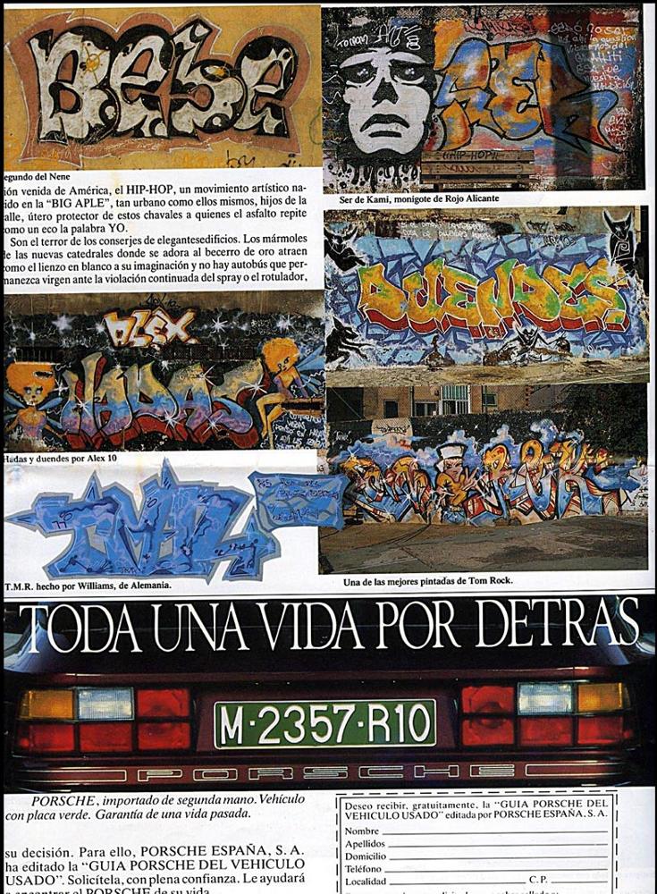 Spanischer Zeitungsartikel betreffend Graffiti in Alicante. Ein Artikel mit Wortbeiträgen von Tom Rock, Kamikaze, Loco 13, Alex 10 sowie Fotos dieser writer/Graffitikünstler von Anfang der achtziger bis Ende der achtziger. Darüberhinaus ist auch ein T.M.R.-style (1988) von Wiliams/Siko Ortner in Alicante abgebildet.