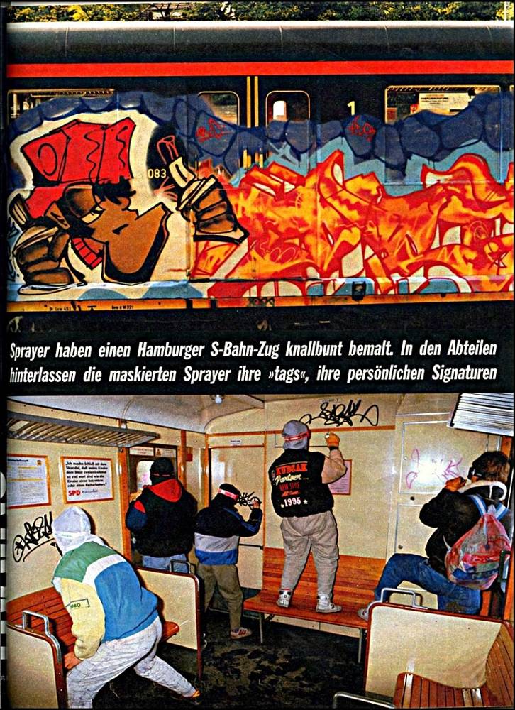 Seite 44ff, Stern Heft Nr.38, 14. Sep. 1989. Dokumentation mit dem Titel: Graffiti Die Kunst aus der Dose, von Wolfgang Metzner und Bernd Euler Fotos, Bettina Fickel und Christine Plössel Fotos und Recherche sowie Text- und Wortbeiträge. Behandelt werden Themen betreffend Graffiti z. B. illegales writing, S-Bahn-Surfen, taggen, fame, buff, piece. Desweiteren Wortbeiträge von SED 1, BAS, Loomit, Bomber 1, Sonny, Cast 1, Cassy, Cruz, Zico/Siko Ortner, Bodo Claußen, Thomas Mante, Prof. Dr. Peter Kreutzer.