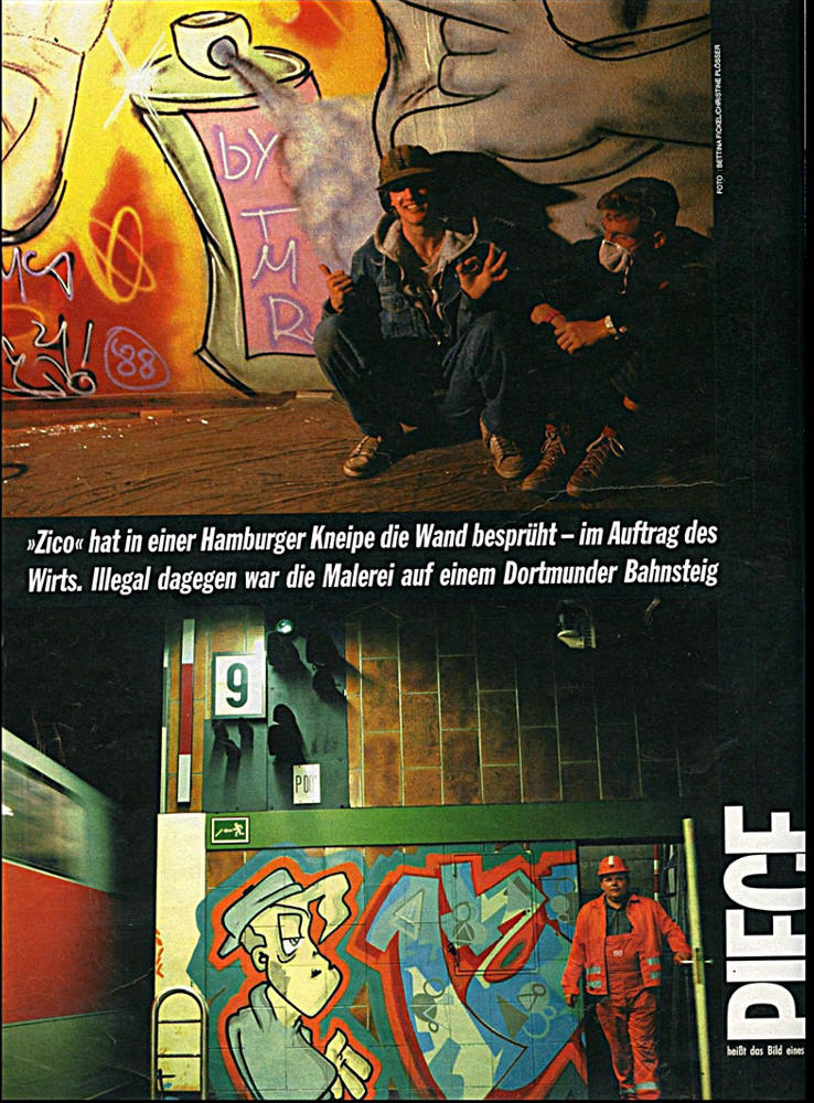 Seite 44ff, Stern Heft Nr.38, 14. Sep. 1989. Dokumentation mit dem Titel: Graffiti Die Kunst aus der Dose, von Wolfgang Metzner und Bernd Euler Fotos, Bettina Fickel und Christine Plössel Fotos und Recherche sowie Text- und Wortbeiträge. Behandelt werden Themen betreffend Graffiti z. B. illegales writing, S-Bahn-Surfen, taggen, fame, buff, piece. Desweiteren Wortbeiträge von SED 1, BAS, Loomit, Bomber 1, Sonny, Cast 1, Cassy, Cruz, Zico/Siko Ortner, Bodo Claußen, Thomas Mante, Prof. Dr. Peter Kreutzer.