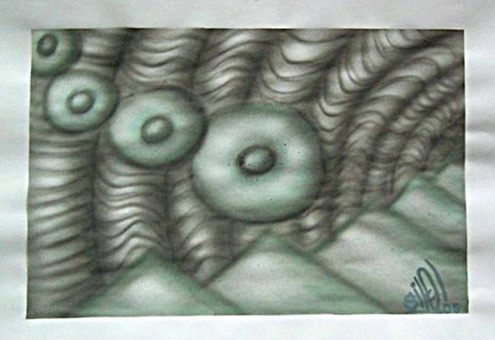 Biomechanik 09 aus der Themenreihe Biomechanik (Freihand Airbrusharbeit) von Siko Ortner Guache auf Papier, 18,5cm X 22,5cm, Juli 2005.