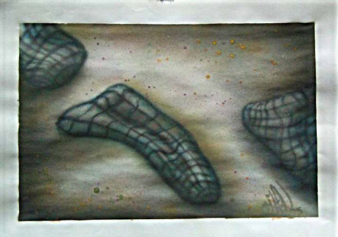 Biomechanik 13 aus der Themenreihe Biomechanik (Freihand Airbrusharbeit) von Siko Ortner Guache auf Papier, 18,5cm X 22,5cm, Juli 2005.