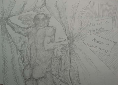 Beware of human being, Skizze/Ideenentwurf von Siko Ortner, Bleistift auf Papier, 21cm X 29cm, 2004.