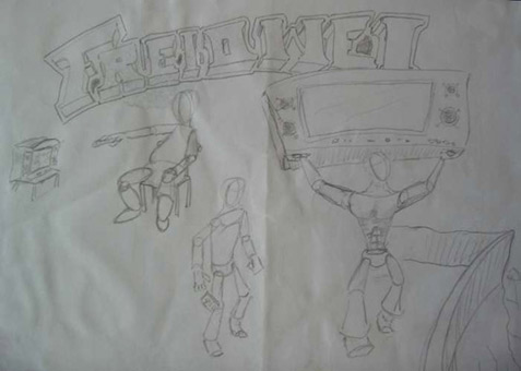 Freiowei, Skizze/Ideenentwurf von Siko Ortner, Bleistift auf Papier, 21cm X 29cm, 2004.