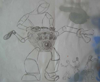 DJ Robot, Skizze/Ideenentwurf von Siko Ortner, Bleistift auf Papier, 21cm X 29cm, 2004.