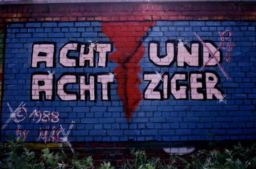 Themenbild für Sternartikel 1988. Ein Graffitiauftrag für Fickel und Plössel als progressive Bebilderung Ihres Artikels. Auftragsmalerei von der Mad Artists Cooperation, Siko Ortner und seinem Graffitischüler Wizz im März 1988. Mural auf einer Mauer im Karoviertel, Hamburg.