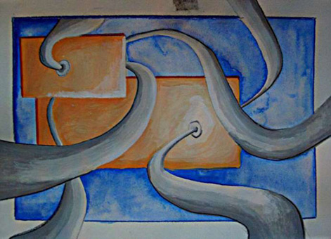 Pipes 11, aus der Themenreihe blocks and pipes von Siko Ortner, Guache auf Aquarellpapier, 17cm X 23cm, 2005.