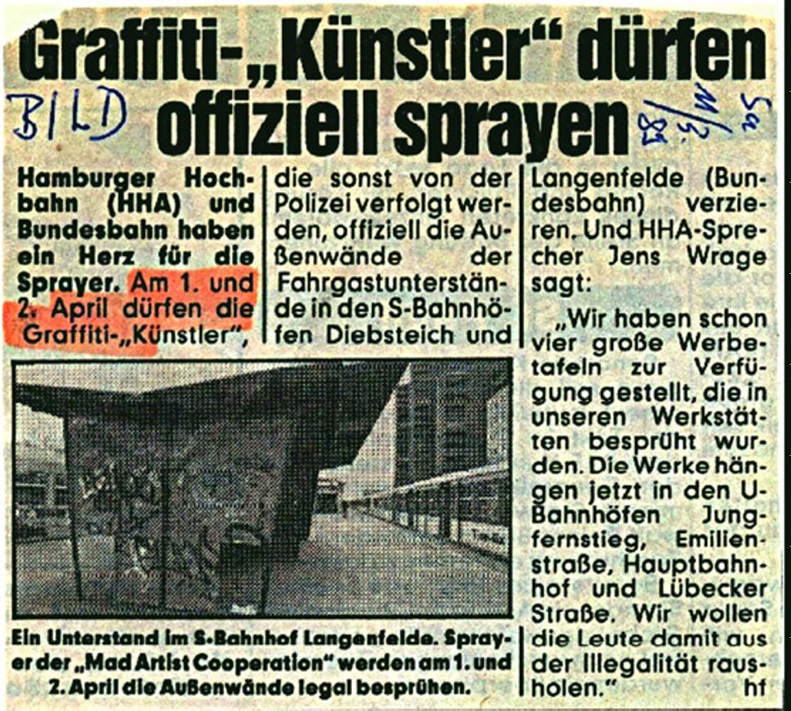 Presseartikel Bild Hamburg 11. März 1989. Graffiti in der Presse.