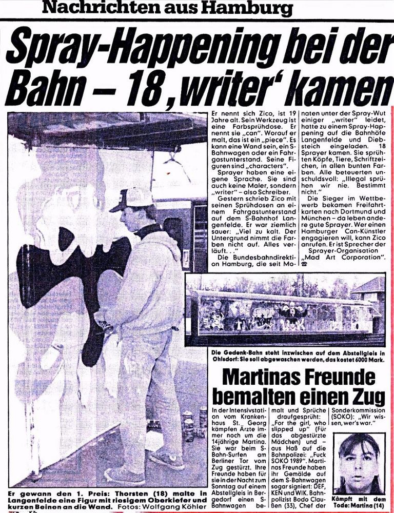 Presseartikel Bild Hamburg 4. April 1989. Fotos Wolfgang Köhler, ein Zeitungsbericht über einen Graffitiwettbewerb von der deutschen Bahn in Hamburg.