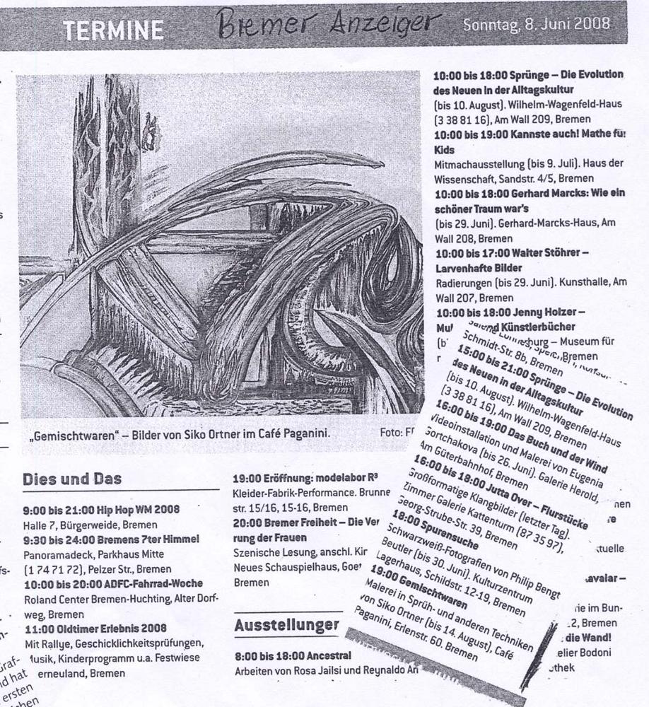 Ankündigung der Ausstellung Gemischtwaren von Siko Ortner im Bremer Anzeiger 8. Juni 2008.