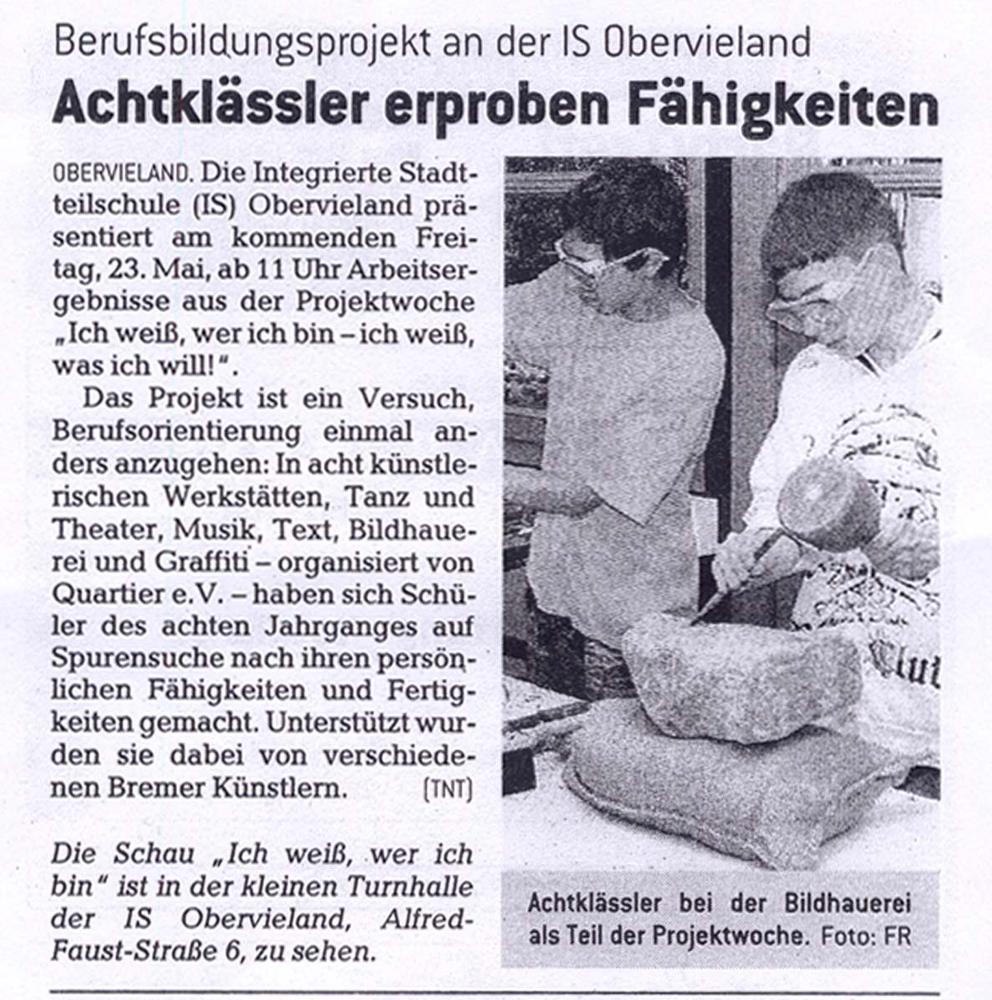Presseartikel im Bremer Anzeiger 18. Mai 2008, mit Nennung der Graffitiwerkstatt des Projektes Ich weiß, wer ich bin - ich weiß, was ich will.