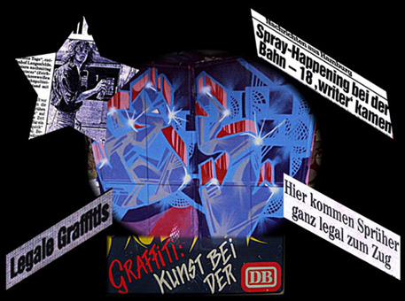 Collage für Graffitiwettbewerb von der deutschen Bahn im April 1989. Den erste Preiß gewann Bibase/Base mit einem cheech charakter, den zweiten Preiß gewann Siko Ortner mit den lettern Zi mit 3-D-Block, den dritten Preiß gewann Sage mit zwei Bod charactern und zwei Lettern. Die Sprühfläche waren die Fahrgastunterstände auf den S-Bahn Haltestellen Diebsteich und Langenfelde.